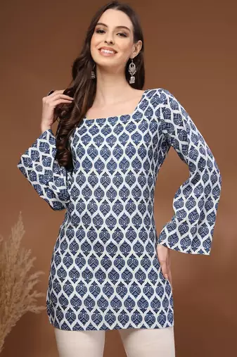 Womens navy blue self design cotton fabric kurtis 3/4 sleeves square neck