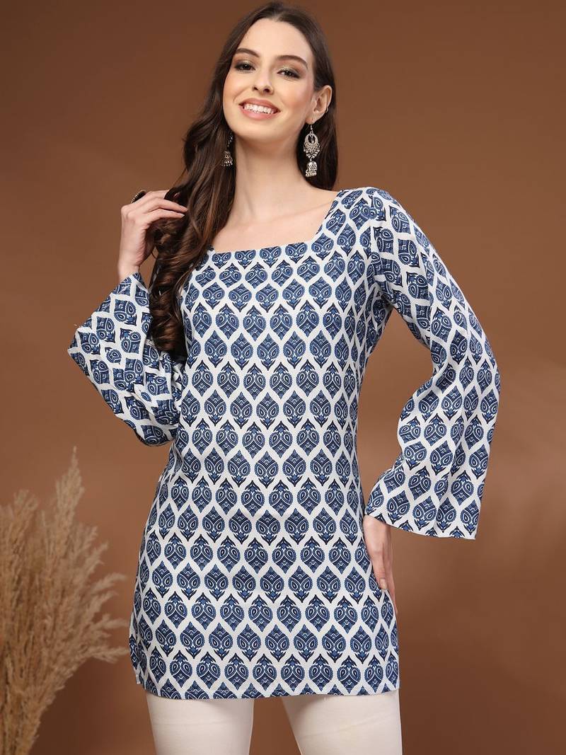 Womens navy blue self design cotton fabric kurtis 3/4 sleeves square neck