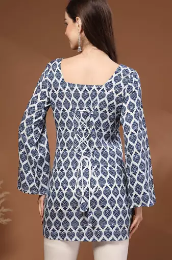 Womens navy blue self design cotton fabric kurtis 3/4 sleeves square neck