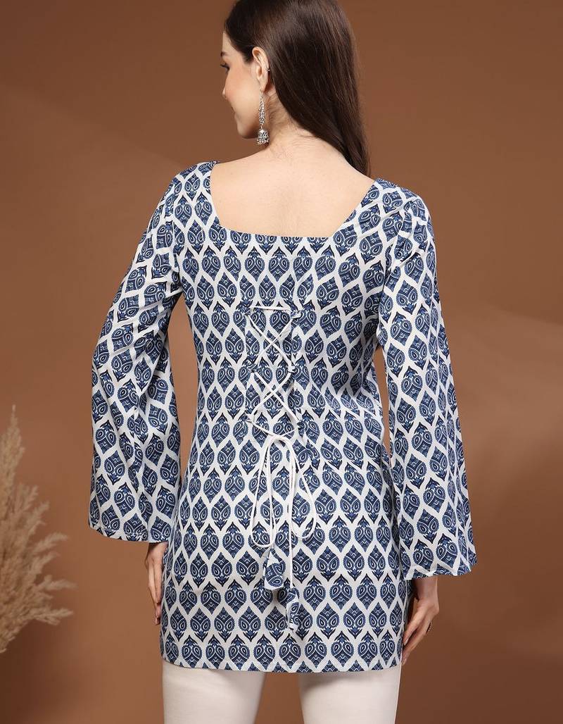Womens navy blue self design cotton fabric kurtis 3/4 sleeves square neck