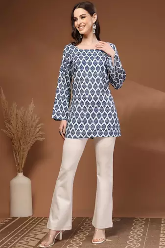Womens navy blue self design cotton fabric kurtis 3/4 sleeves square neck