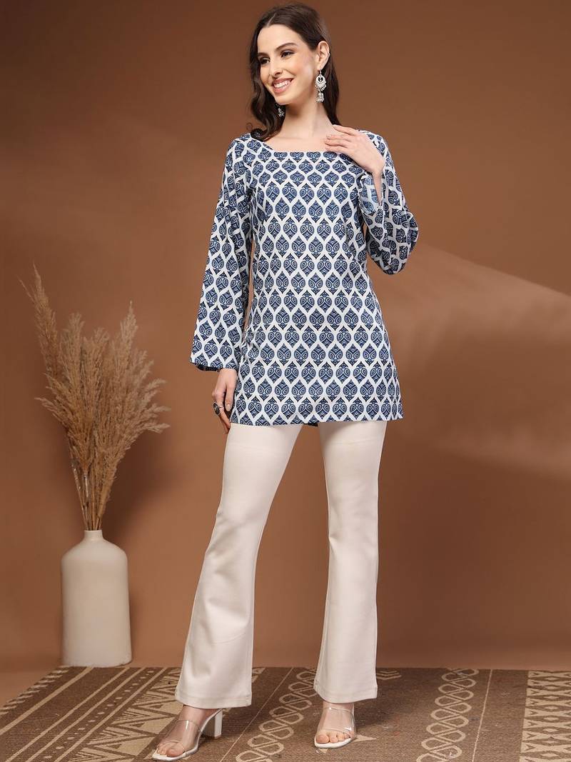 Womens navy blue self design cotton fabric kurtis 3/4 sleeves square neck