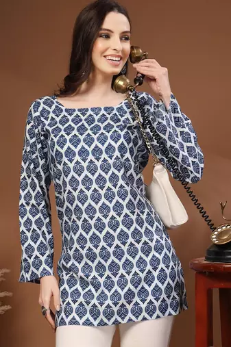 Womens navy blue self design cotton fabric kurtis 3/4 sleeves square neck