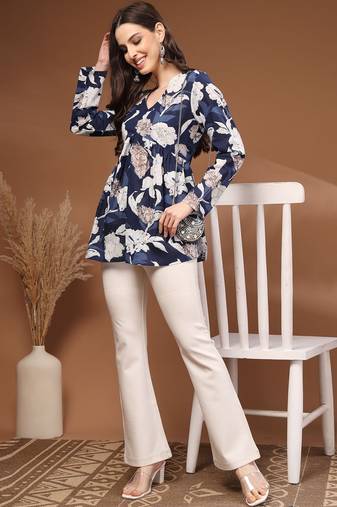 Womens navy blue self design cotton fabric kurtis 3/4 sleeves v-neck