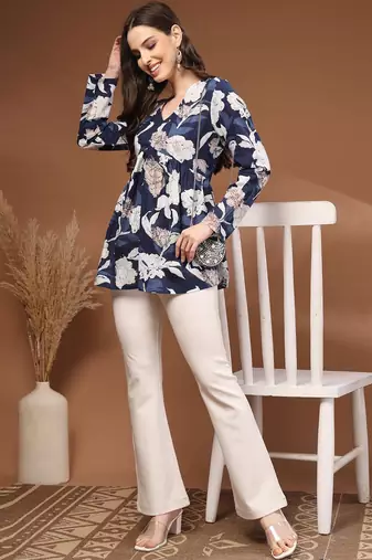 Womens navy blue self design cotton fabric kurtis 3/4 sleeves v-neck