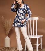 Womens navy blue self design cotton fabric kurtis 3/4 sleeves v-neck