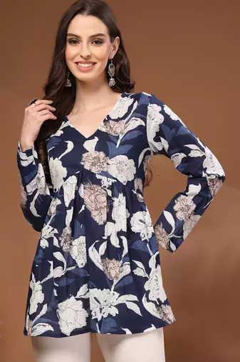 Womens navy blue self design cotton fabric kurtis 3/4 sleeves v-neck