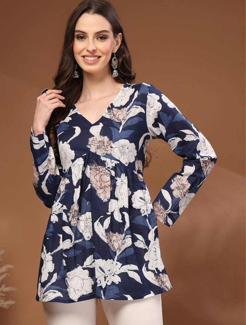 Womens navy blue self design cotton fabric kurtis 3/4 sleeves v-neck