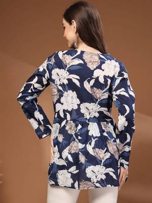 Womens navy blue self design cotton fabric kurtis 3/4 sleeves v-neck 3
