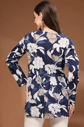 Womens navy blue self design cotton fabric kurtis 3/4 sleeves v-neck