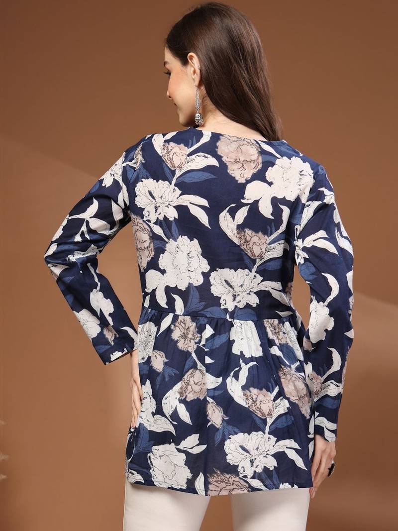 Womens navy blue self design cotton fabric kurtis 3/4 sleeves v-neck