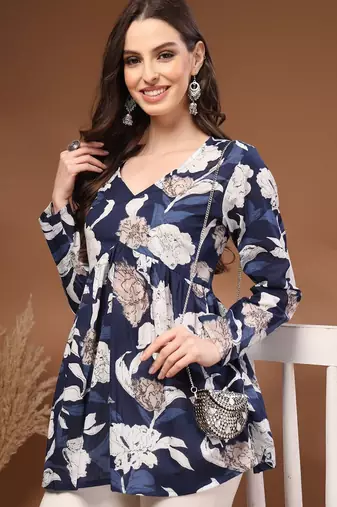 Womens navy blue self design cotton fabric kurtis 3/4 sleeves v-neck