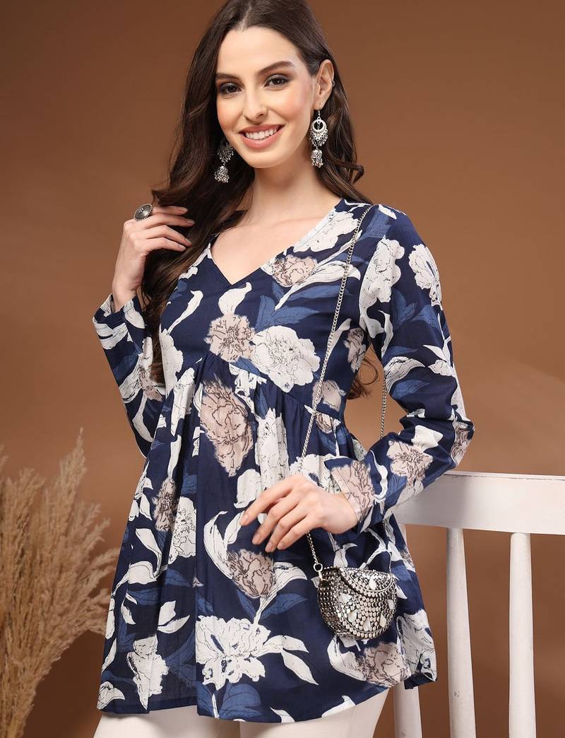 Womens navy blue self design cotton fabric kurtis 3/4 sleeves v-neck