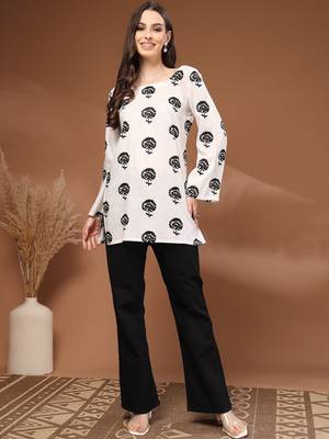 Womens white self design cotton fabric kurtis 3/4 sleeves square neck 1