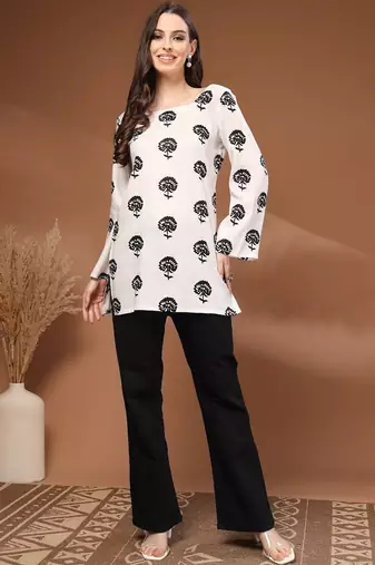 Womens white self design cotton fabric kurtis 3/4 sleeves square neck