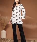 Womens white self design cotton fabric kurtis 3/4 sleeves square neck