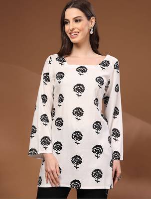 Womens white self design cotton fabric kurtis 3/4 sleeves square neck 2