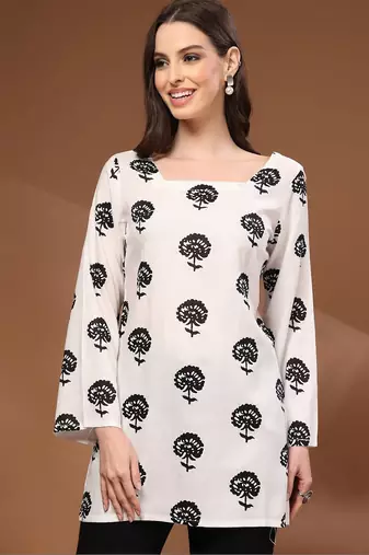 Womens white self design cotton fabric kurtis 3/4 sleeves square neck