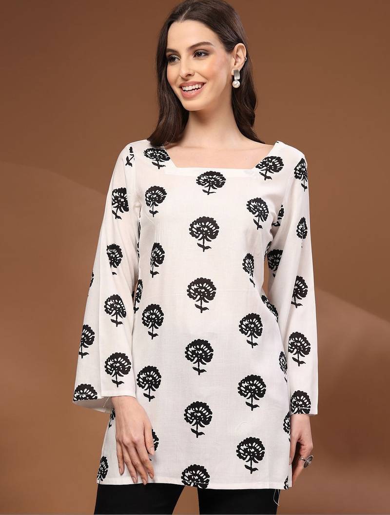 Womens white self design cotton fabric kurtis 3/4 sleeves square neck