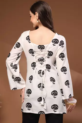 Womens white self design cotton fabric kurtis 3/4 sleeves square neck