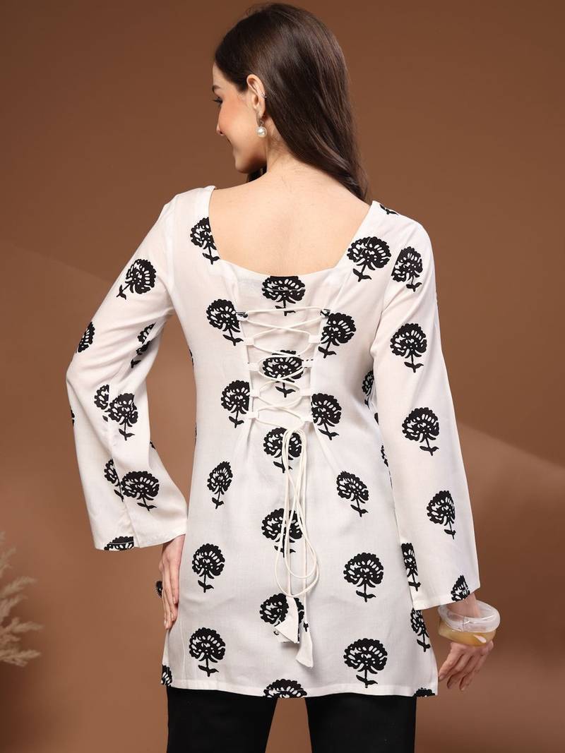 Womens white self design cotton fabric kurtis 3/4 sleeves square neck