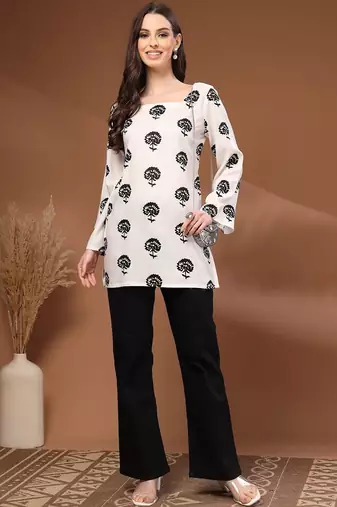 Womens white self design cotton fabric kurtis 3/4 sleeves square neck