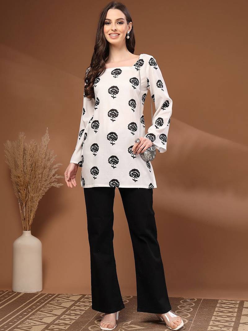 Womens white self design cotton fabric kurtis 3/4 sleeves square neck