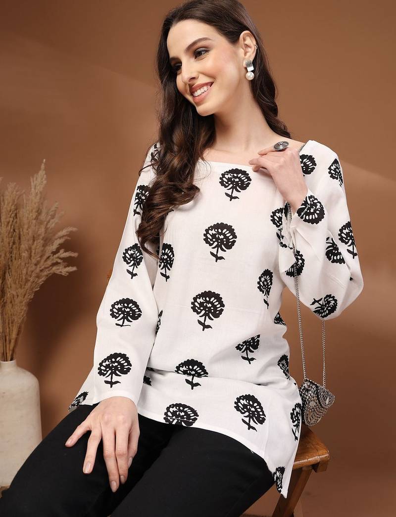 Womens white self design cotton fabric kurtis 3/4 sleeves square neck