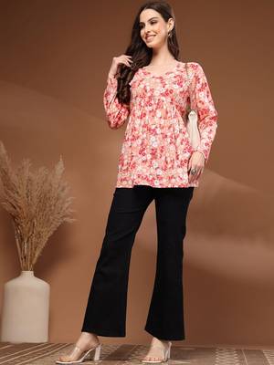 Womens orange self design cotton fabric kurtis 3/4 sleeves v-neck 1