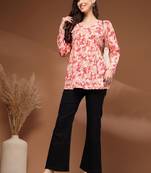 Womens orange self design cotton fabric kurtis 3/4 sleeves v-neck