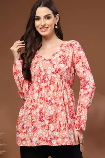 Womens orange self design cotton fabric kurtis 3/4 sleeves v-neck
