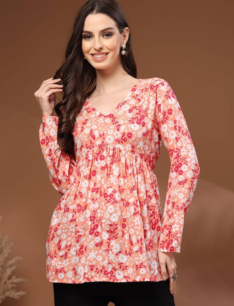 Womens orange self design cotton fabric kurtis 3/4 sleeves v-neck