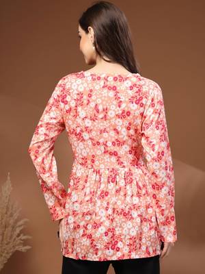 Womens orange self design cotton fabric kurtis 3/4 sleeves v-neck 3