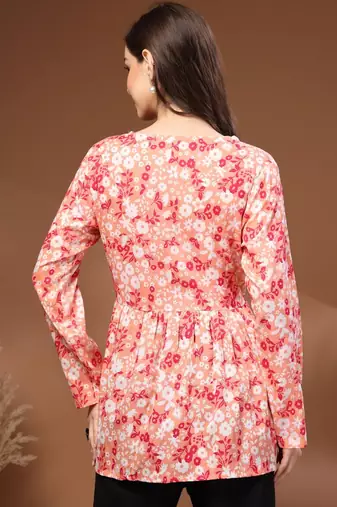 Womens orange self design cotton fabric kurtis 3/4 sleeves v-neck