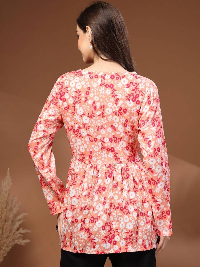 Womens orange self design cotton fabric kurtis 3/4 sleeves v-neck