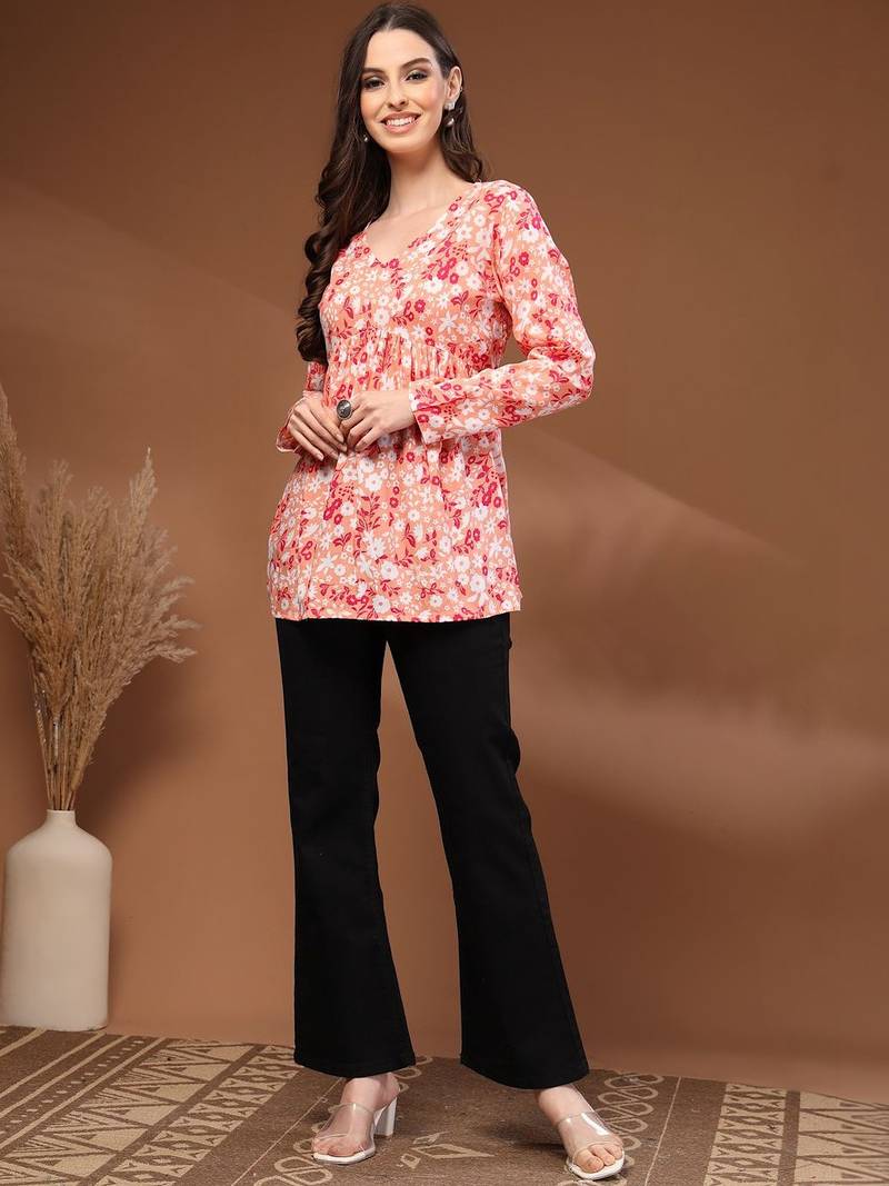 Womens orange self design cotton fabric kurtis 3/4 sleeves v-neck