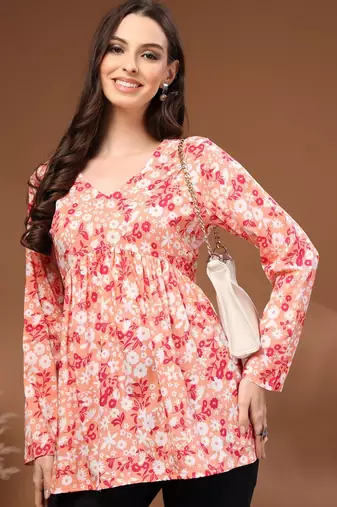 Womens orange self design cotton fabric kurtis 3/4 sleeves v-neck