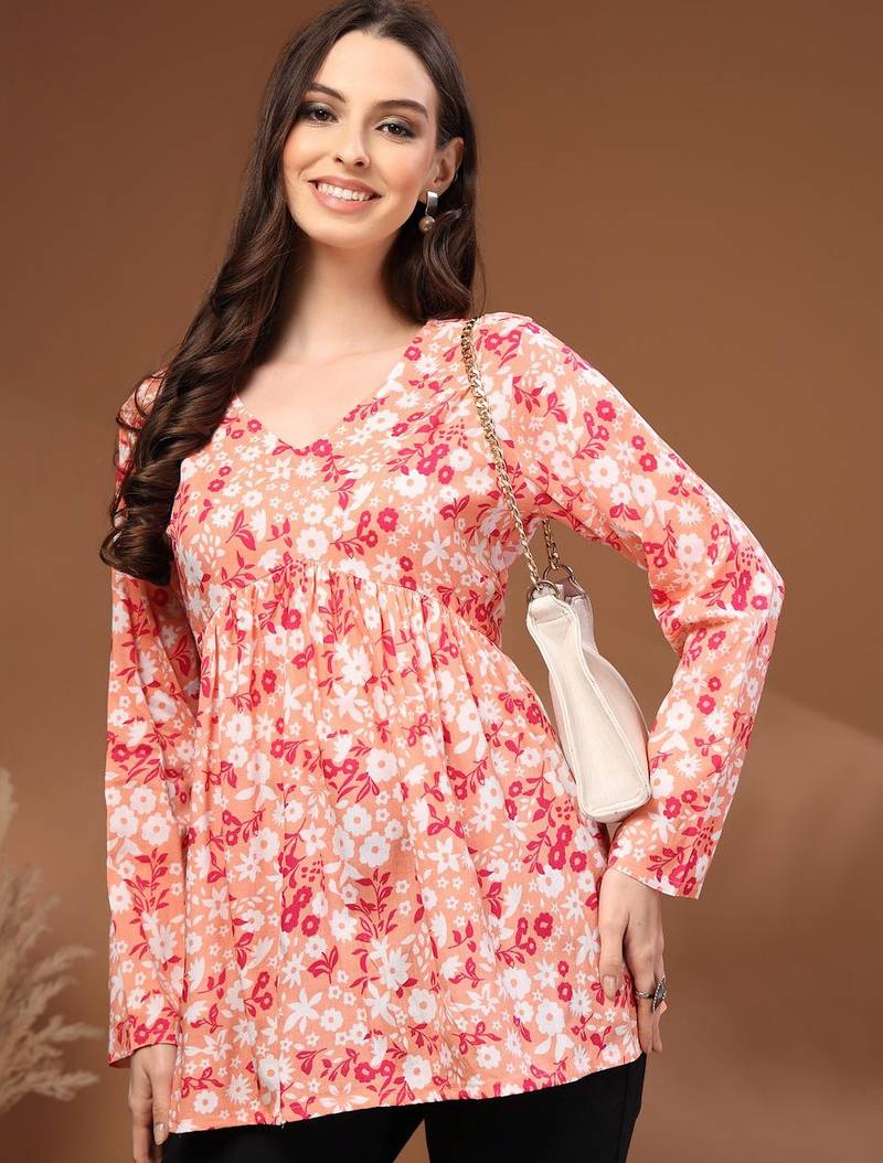 Womens orange self design cotton fabric kurtis 3/4 sleeves v-neck