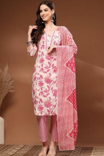 Womens off white self design cotton fabric kurta set 3/4 sleeves v-neck