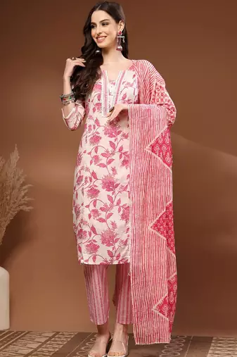 Womens off white self design cotton fabric kurta set 3/4 sleeves v-neck