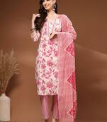 Womens off white self design cotton fabric kurta set 3/4 sleeves v-neck