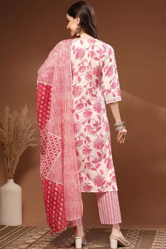 Womens off white self design cotton fabric kurta set 3/4 sleeves v-neck