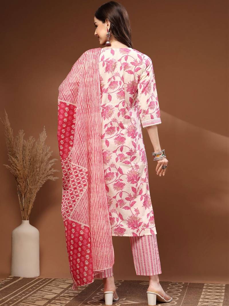 Womens off white self design cotton fabric kurta set 3/4 sleeves v-neck