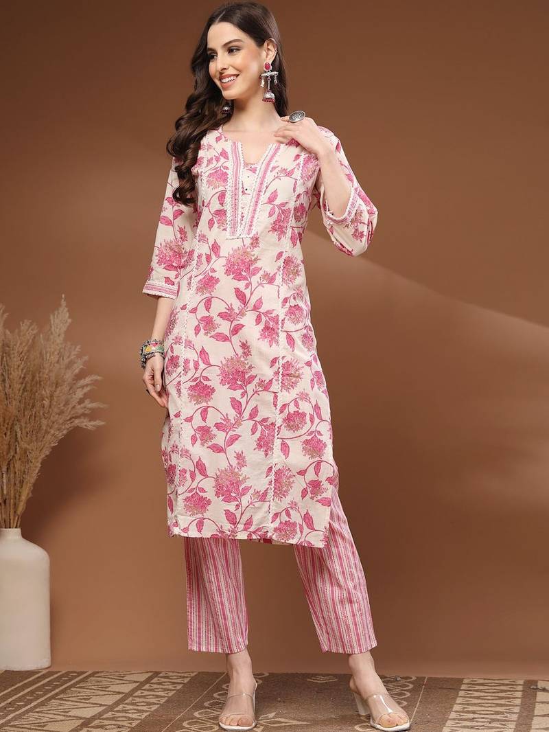 Womens off white self design cotton fabric kurta set 3/4 sleeves v-neck