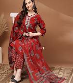Womens red self design cotton fabric kurta set 3/4 sleeves round neck