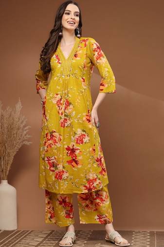 Womens yellow self design cotton fabric kurta set 3/4 sleeves v-neck