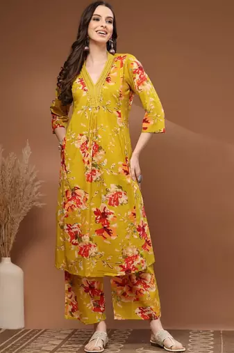 Womens yellow self design cotton fabric kurta set 3/4 sleeves v-neck