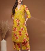 Womens yellow self design cotton fabric kurta set 3/4 sleeves v-neck