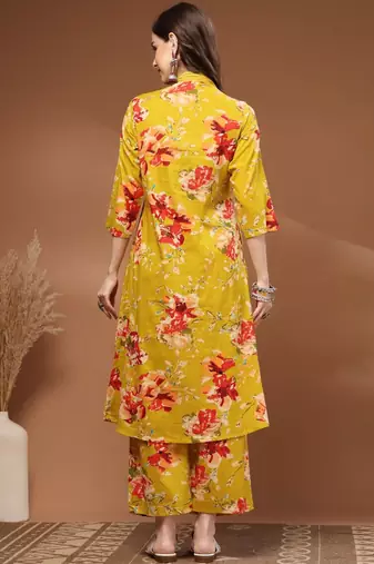 Womens yellow self design cotton fabric kurta set 3/4 sleeves v-neck