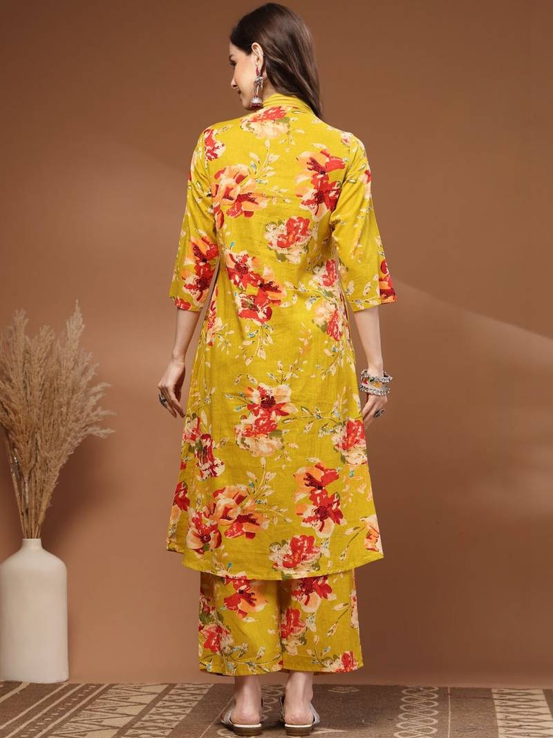 Womens yellow self design cotton fabric kurta set 3/4 sleeves v-neck